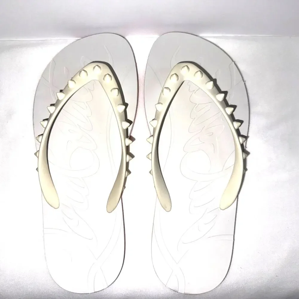 Authentic Christian Louboutin White Loubi Spikes Rubber Flip Flops Size 38